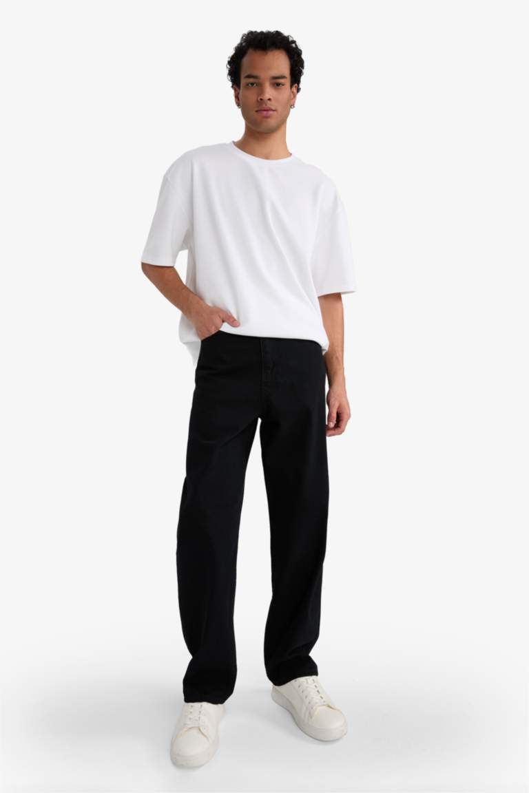 %100 Pamuk Baggy Fit Geniş Kalıp Normal Bel Geniş Paça Siyah Jean Pantolon