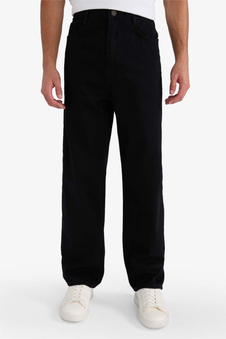 %100 Pamuk Baggy Fit Geniş Kalıp Normal Bel Geniş Paça Siyah Jean Pantolon