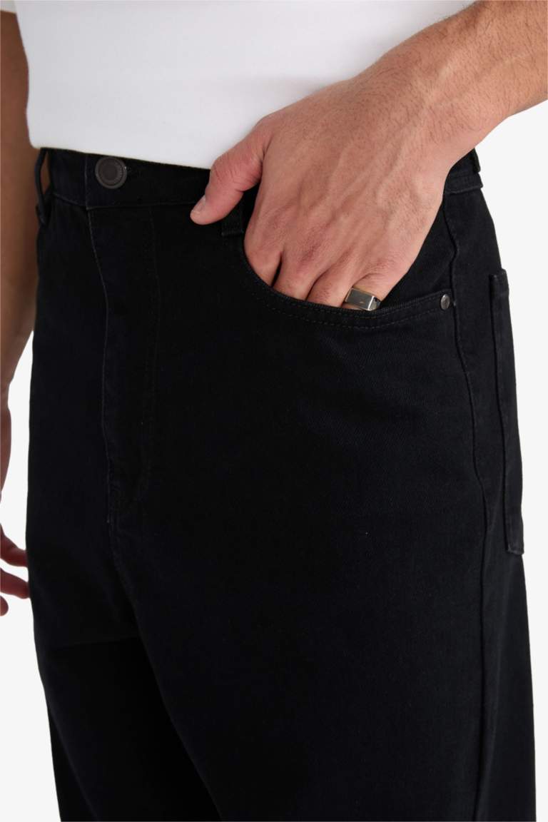 %100 Pamuk Baggy Fit Geniş Kalıp Normal Bel Geniş Paça Siyah Jean Pantolon