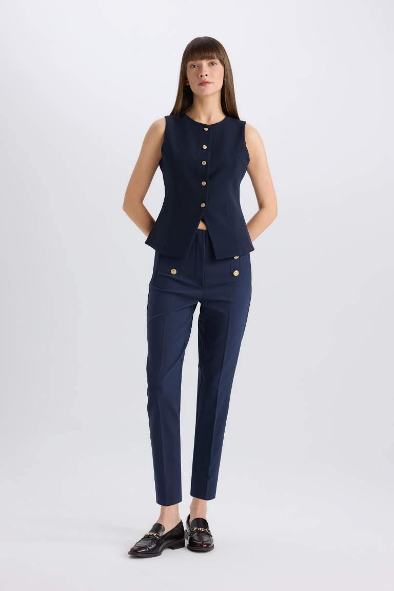 Skinny Fit High Waist Buttoned Straight Leg Trousers