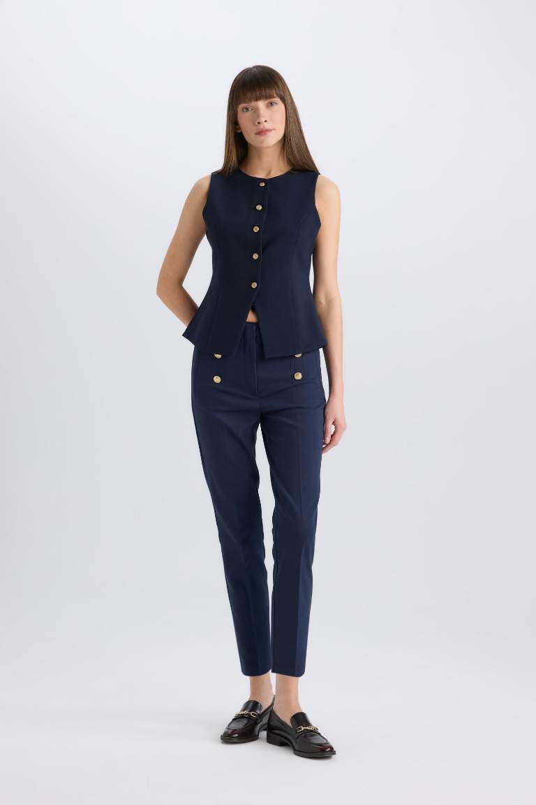 Skinny Fit High Waist Buttoned Straight Leg Trousers