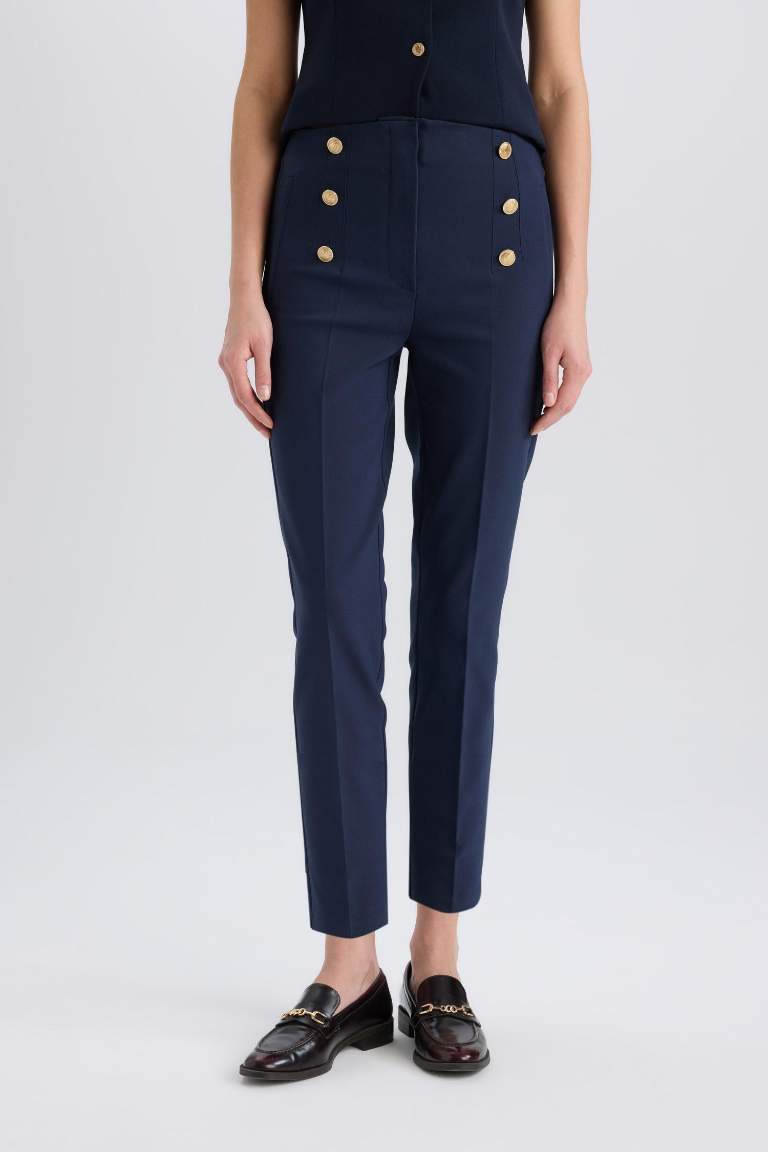 Skinny Fit High Waist Buttoned Straight Leg Trousers