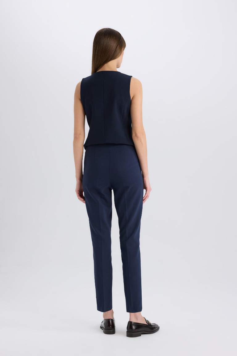 Skinny Fit High Waist Buttoned Straight Leg Trousers