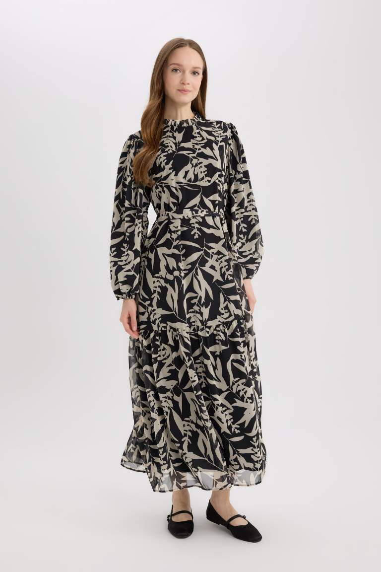 Crew Neck Patterned Chiffon Long Sleeve Maxi Dress