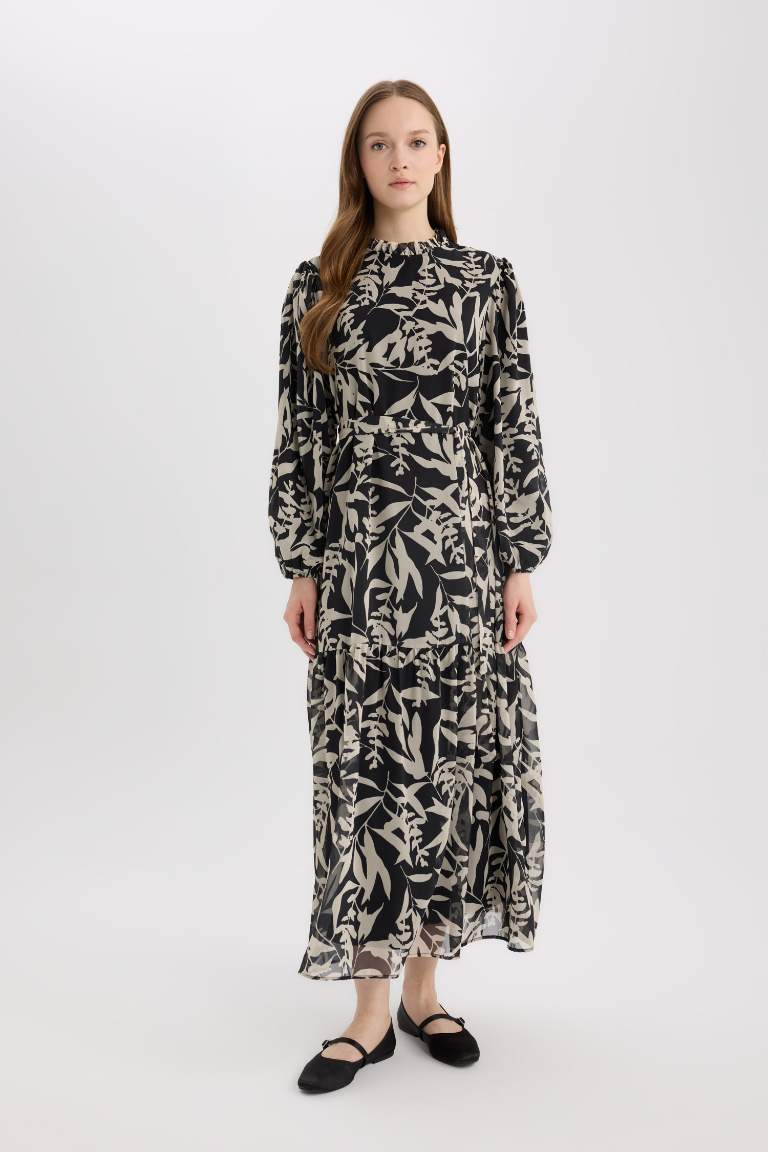 Crew Neck Patterned Chiffon Long Sleeve Maxi Dress