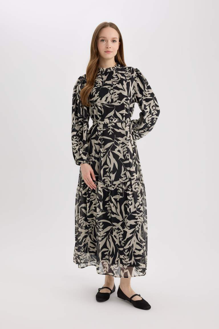 Crew Neck Patterned Chiffon Long Sleeve Maxi Dress