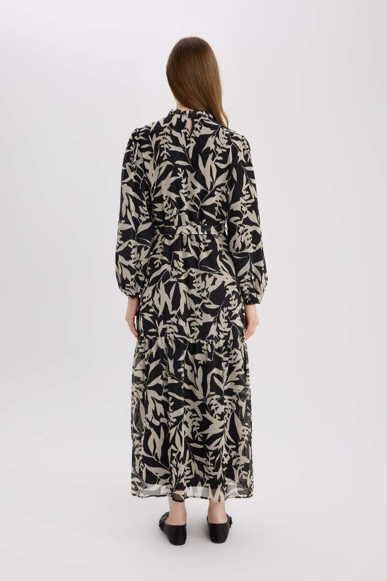 Crew Neck Patterned Chiffon Long Sleeve Maxi Dress