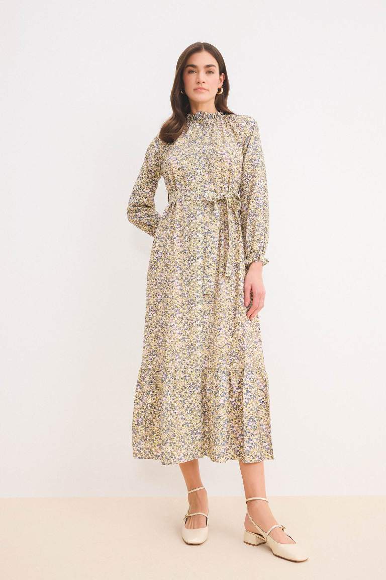 Crew Neck Printed Chiffon Dress