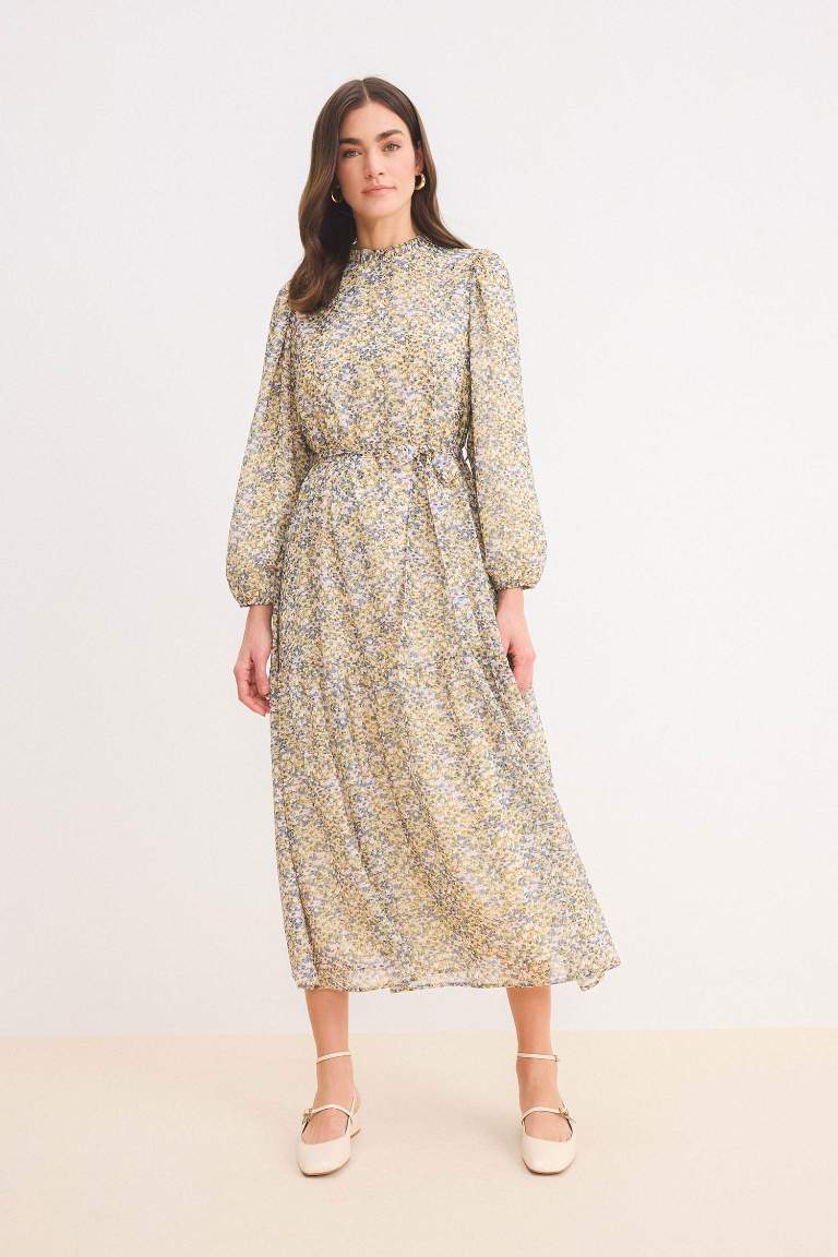 Crew Neck Printed Chiffon Dress