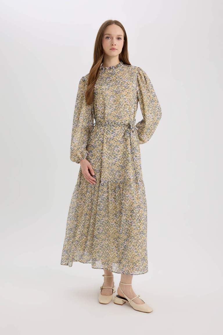 Crew Neck Printed Chiffon Dress