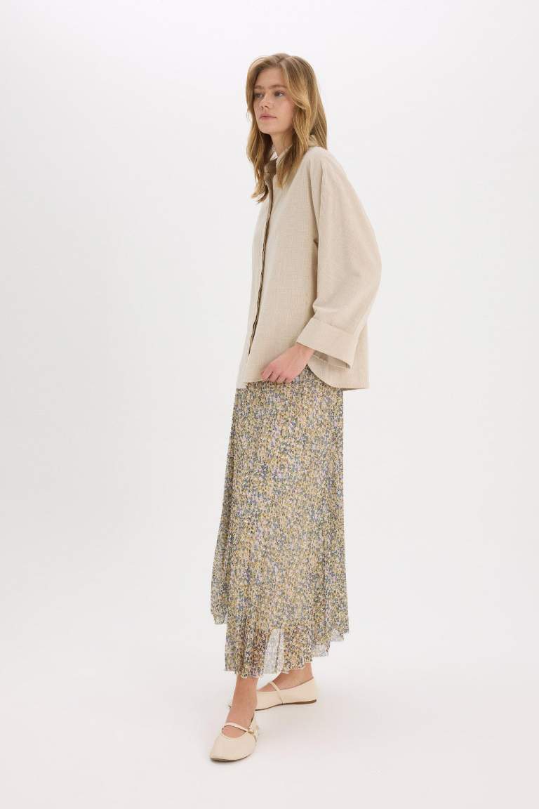 Pleat Printed Chiffon Maxi Skirt