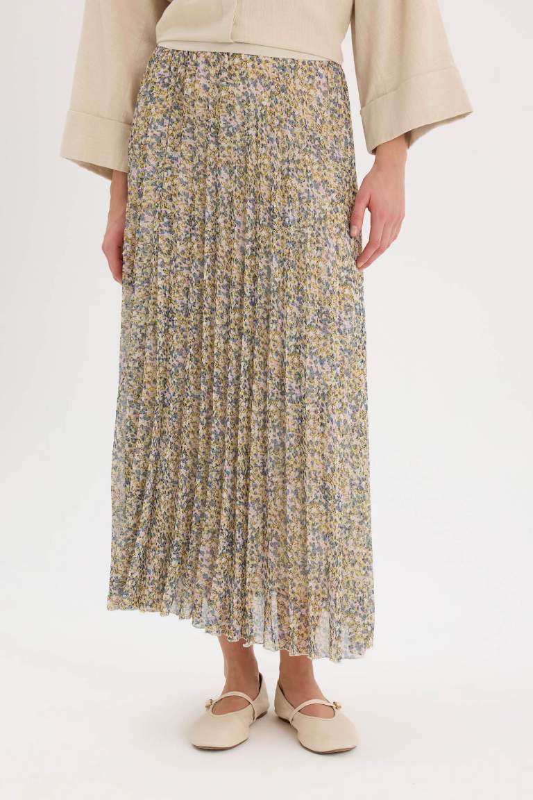 Pleat Printed Chiffon Maxi Skirt