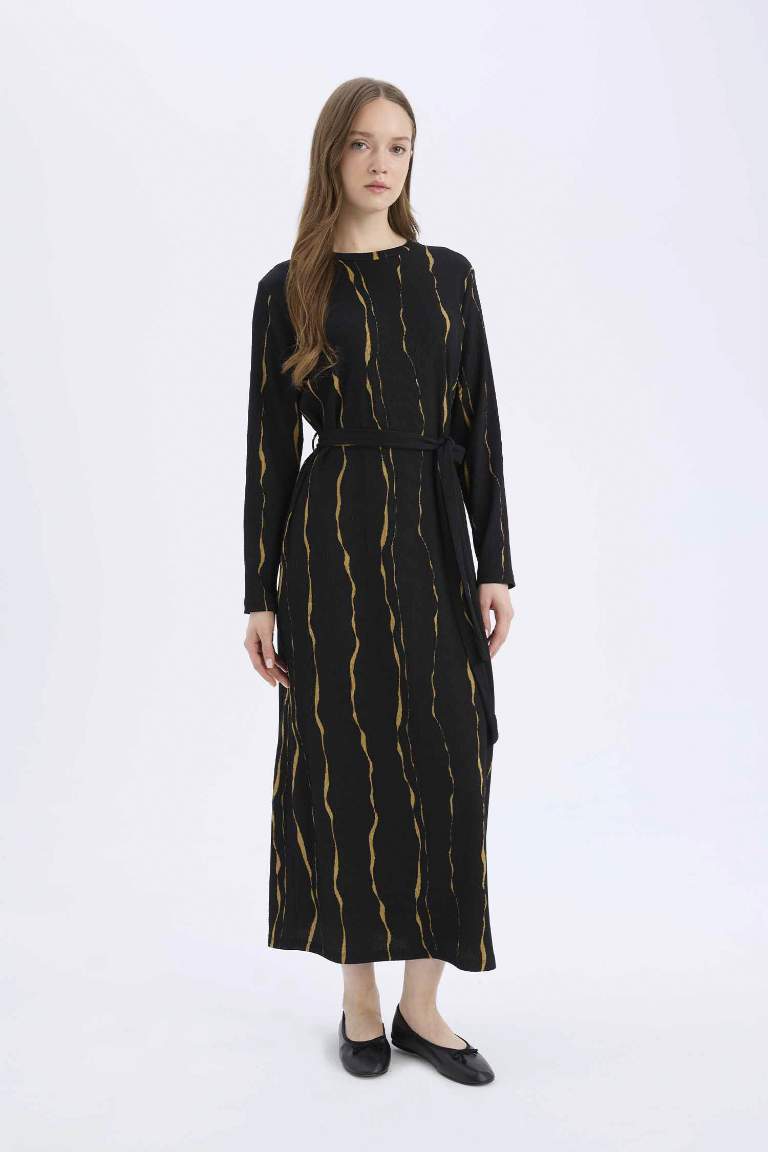 Regular Fit Crew Neck Patterned Crepe Maxi Dress