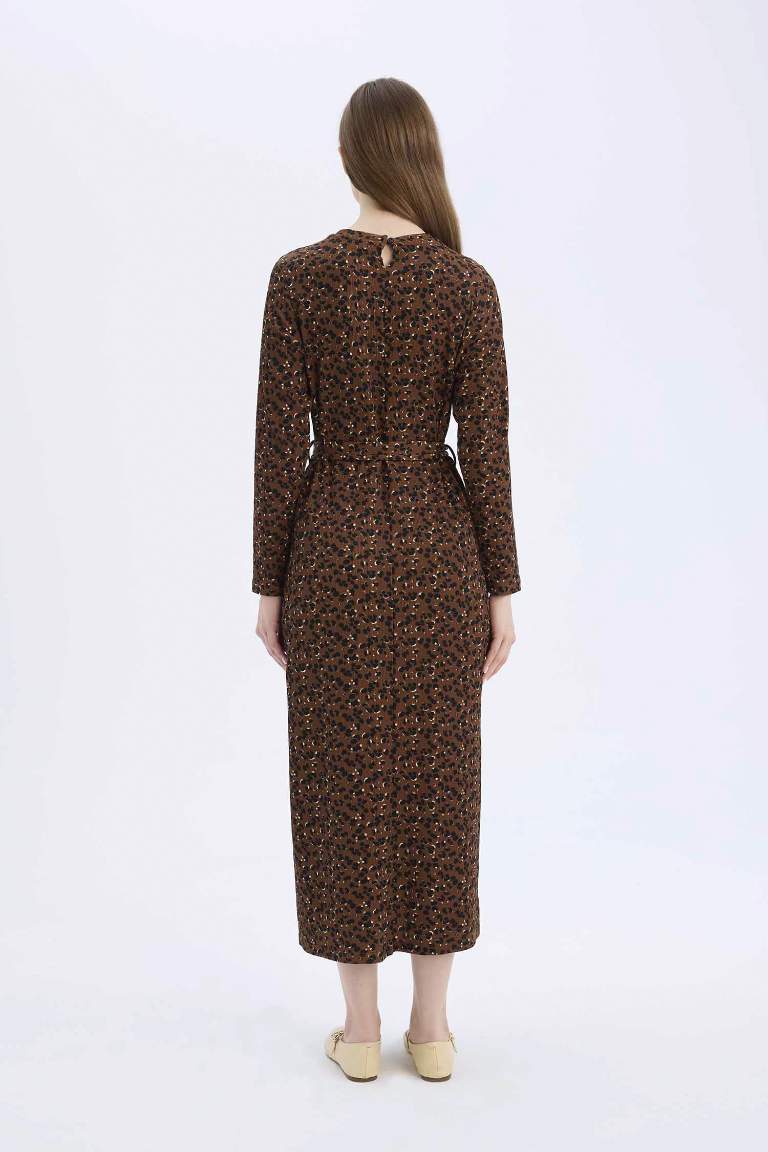 Regular Fit Crew Neck Patterned Crepe Maxi Dress