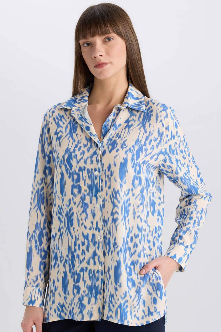 Oversize Fit Shirt Collar Printed Long Sleeve Tunic