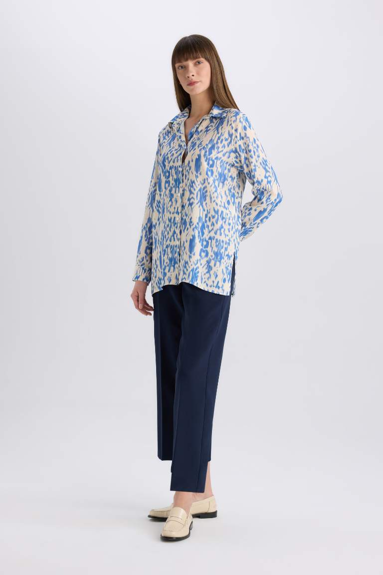 Oversize Fit Shirt Collar Printed Long Sleeve Tunic