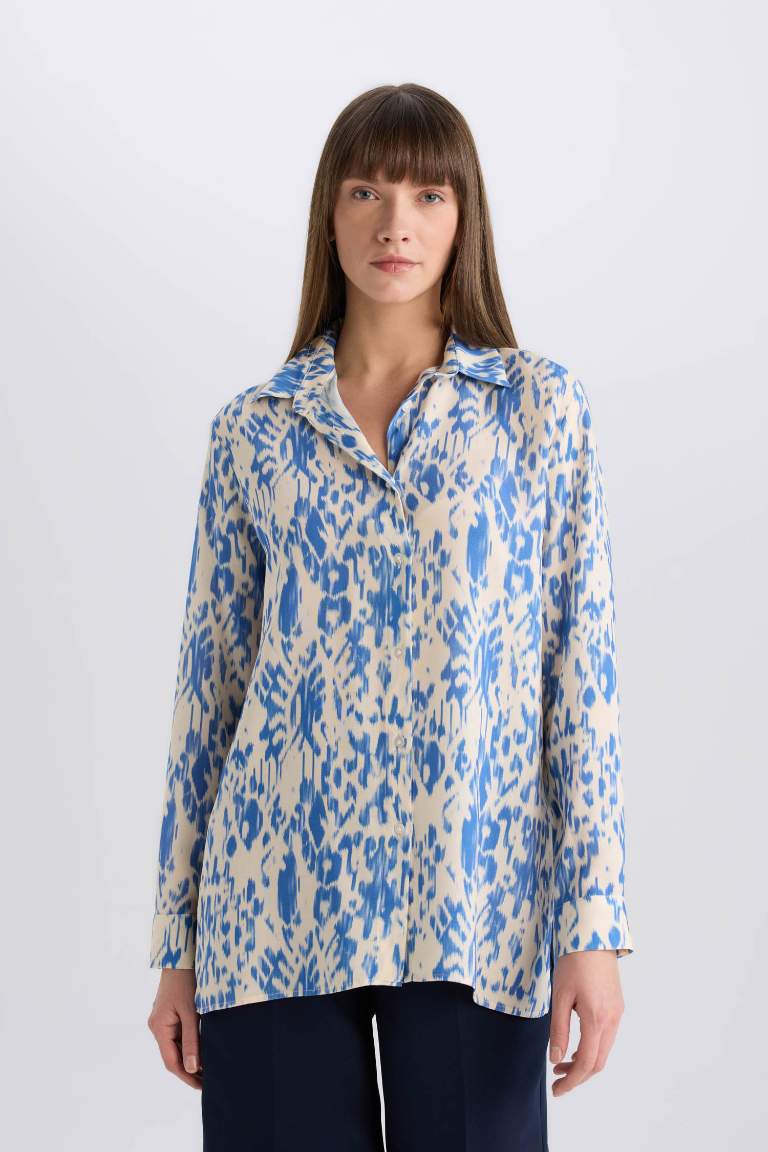 Oversize Fit Shirt Collar Printed Long Sleeve Tunic