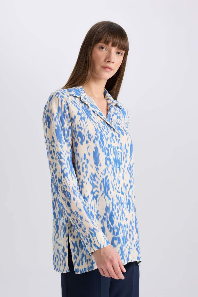 Oversize Fit Shirt Collar Printed Long Sleeve Tunic