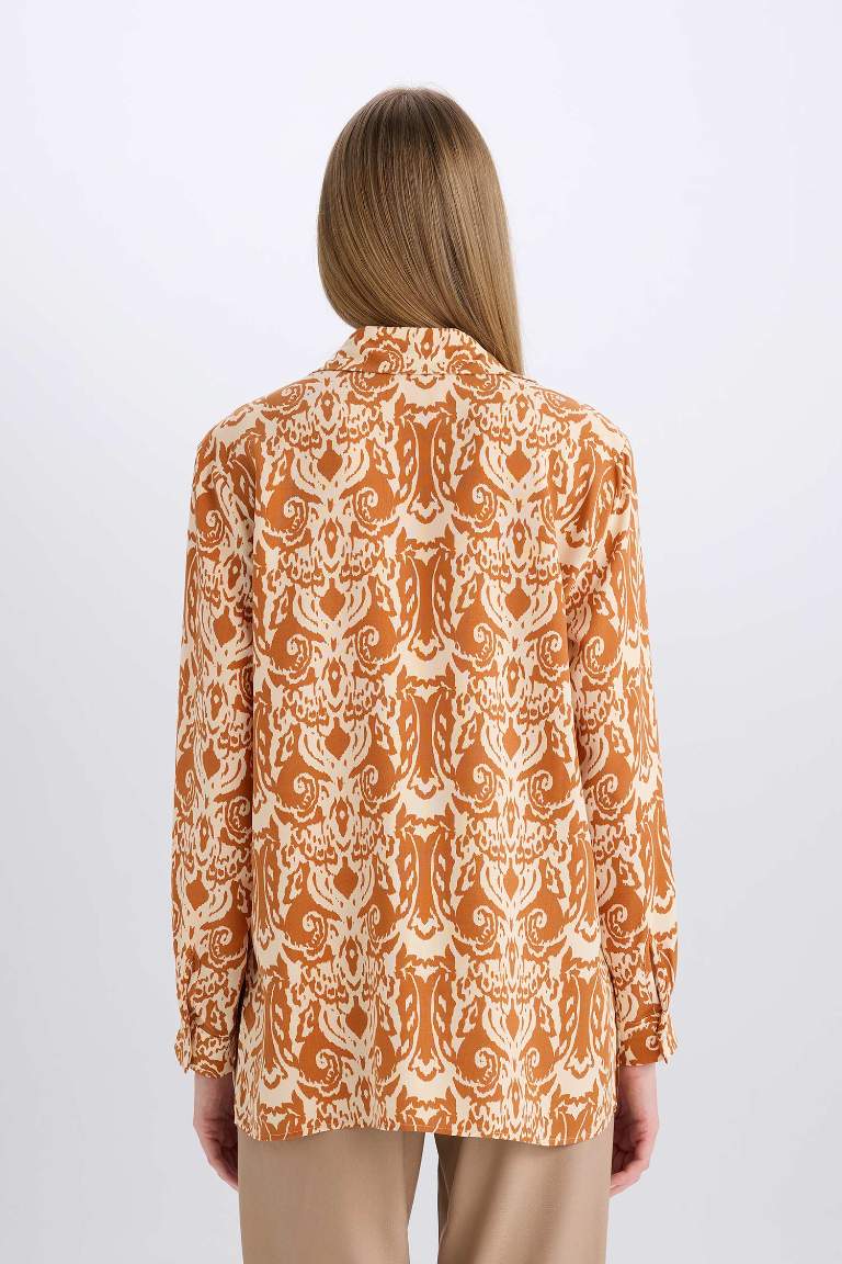 Oversize Fit Shirt Collar Printed Long Sleeve Tunic