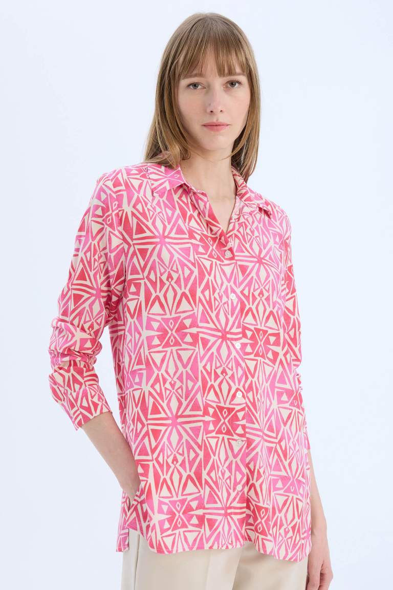 Oversize Fit Shirt Collar Printed Long Sleeve Tunic