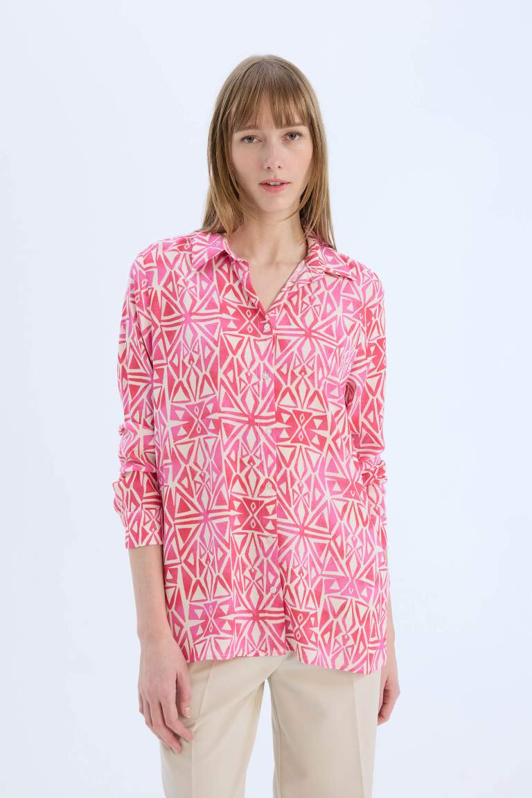 Oversize Fit Shirt Collar Printed Long Sleeve Tunic