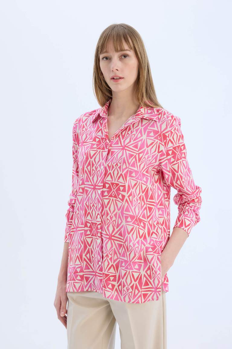 Oversize Fit Shirt Collar Printed Long Sleeve Tunic