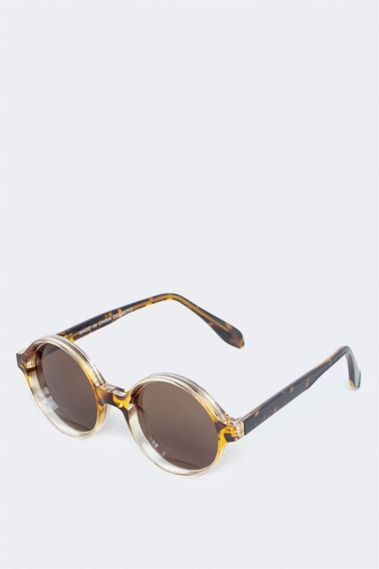 Man Round Brown Plastic Frame Brown Lens Sunglasses