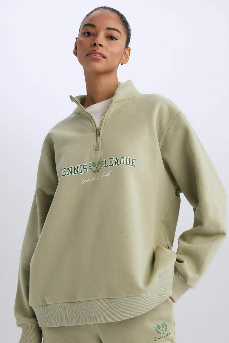 DeFactoFit Oversize Geniş Kalıp Fermuarlı Dik Yaka Baskılı Kalın Sporcu Sweatshirt
