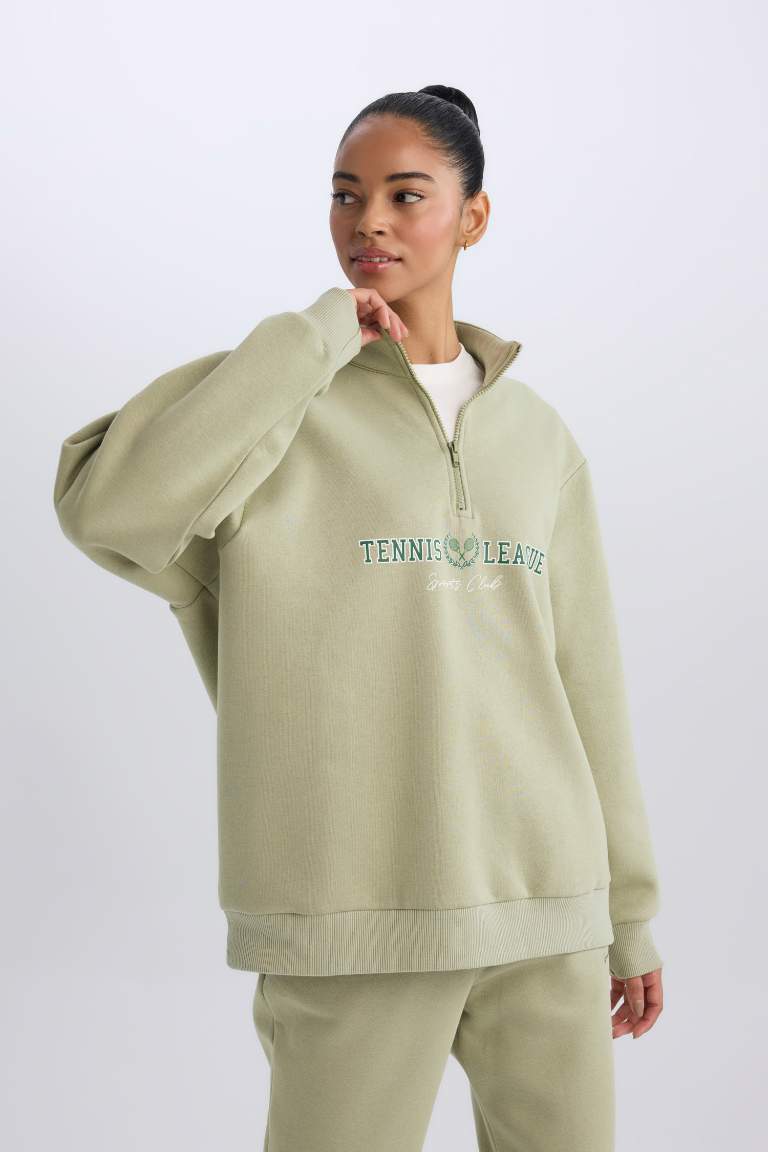 DeFactoFit Oversize Geniş Kalıp Fermuarlı Dik Yaka Baskılı Kalın Sporcu Sweatshirt