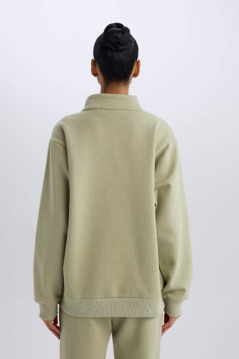 DeFactoFit Oversize Geniş Kalıp Fermuarlı Dik Yaka Baskılı Kalın Sporcu Sweatshirt