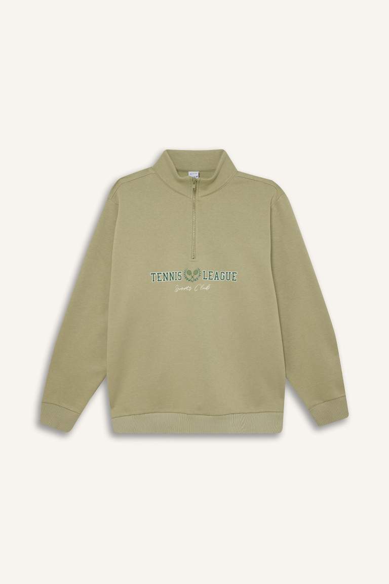 DeFactoFit Oversize Geniş Kalıp Fermuarlı Dik Yaka Baskılı Kalın Sporcu Sweatshirt