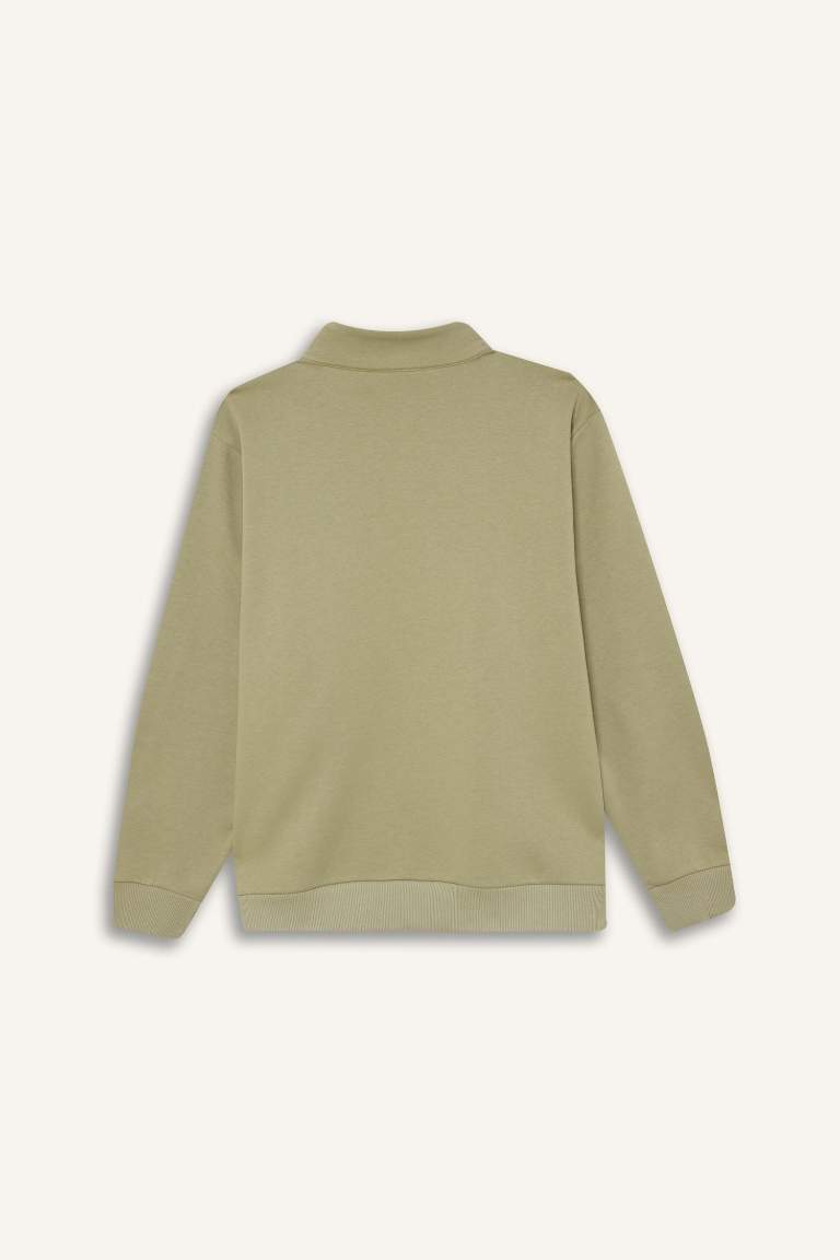 DeFactoFit Oversize Geniş Kalıp Fermuarlı Dik Yaka Baskılı Kalın Sporcu Sweatshirt