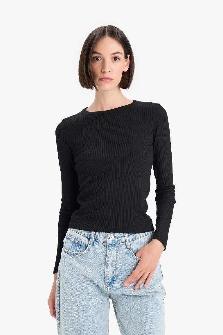 Slim Fit Dar Kesim Basic Düz Fitilli Kaşkorse Uzun Kollu Tişört