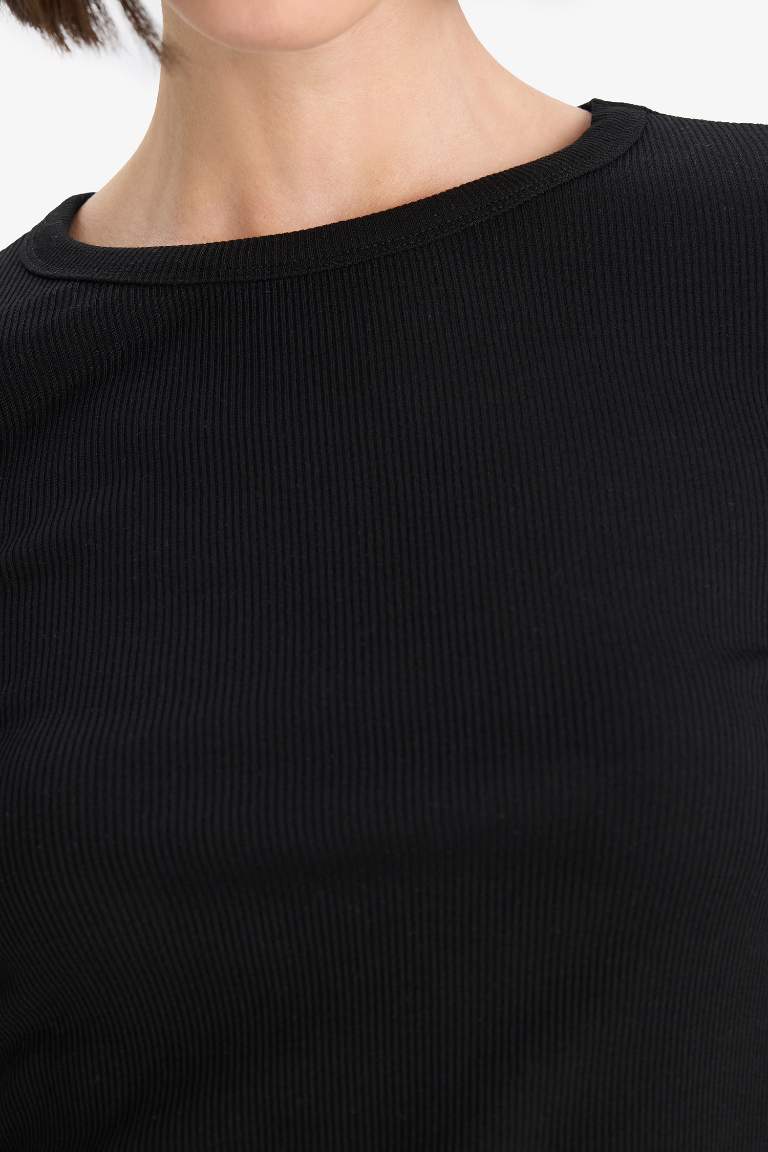Slim Fit Dar Kesim Basic Düz Fitilli Kaşkorse Uzun Kollu Tişört
