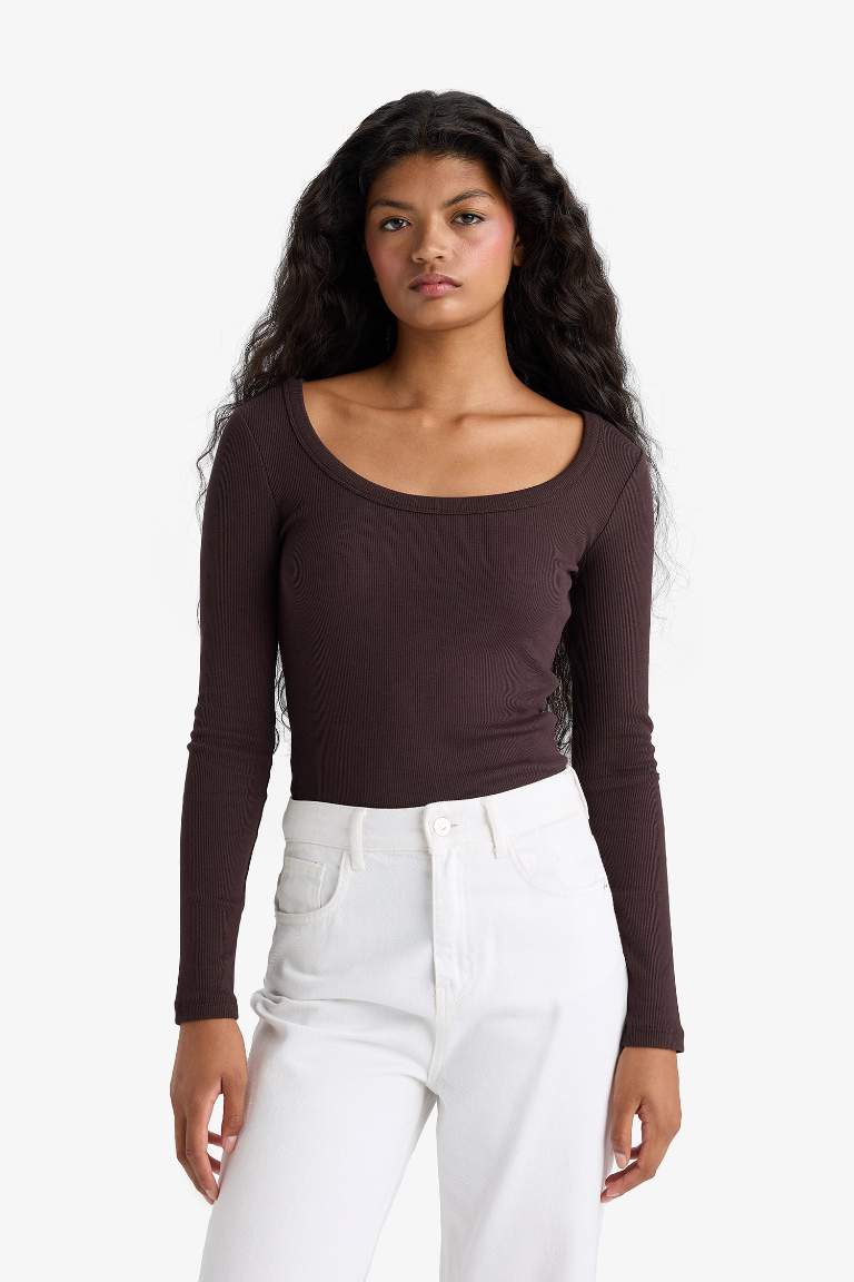 Slim Fit Dar Kesim Yuvarlak Yaka Basic Düz Fitilli Kaşkorse Uzun Kollu Tişört