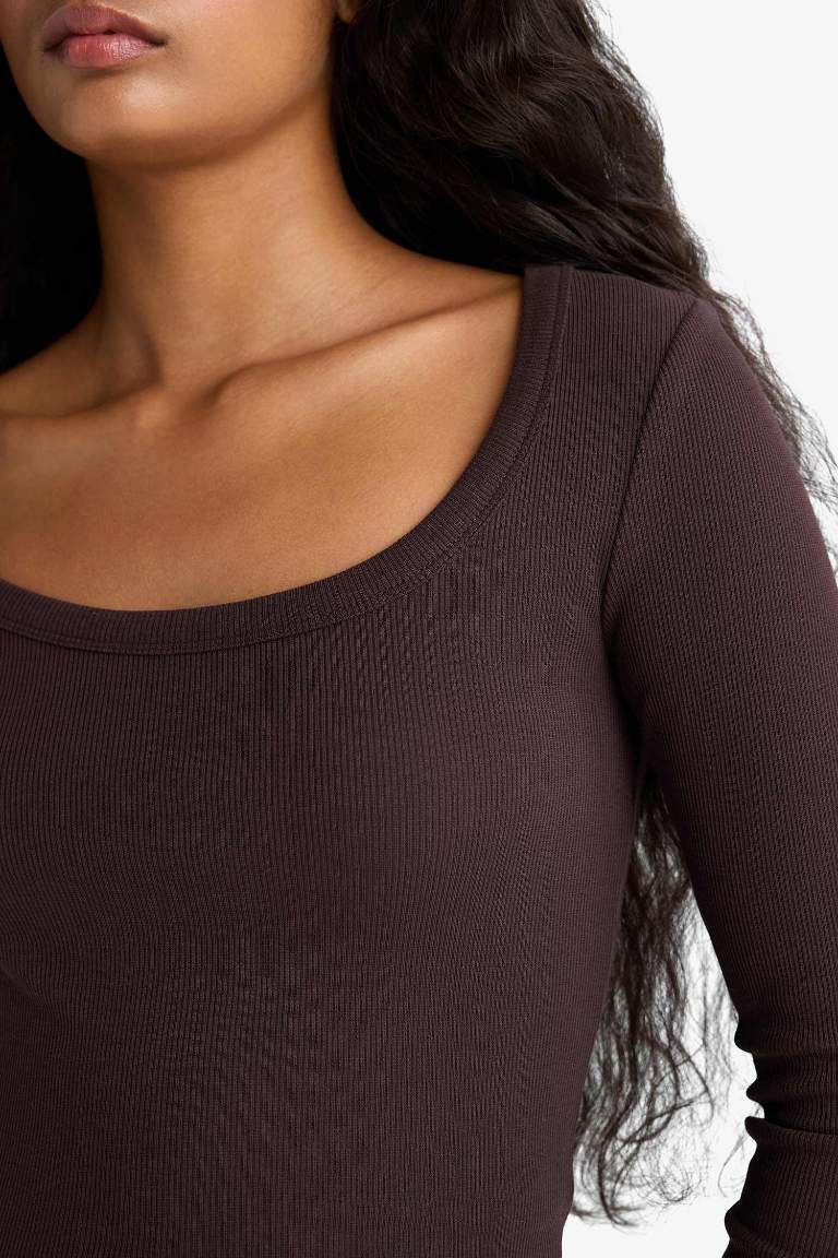 Slim Fit Dar Kesim Yuvarlak Yaka Basic Düz Fitilli Kaşkorse Uzun Kollu Tişört