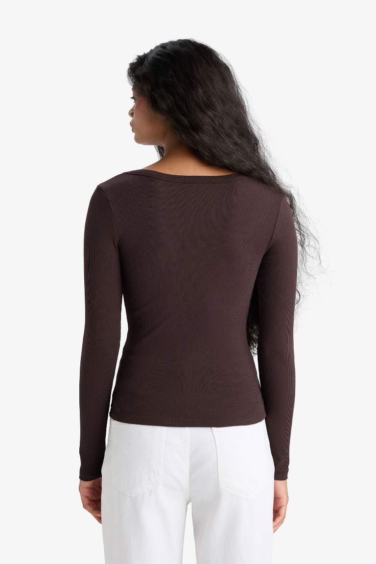 Slim Fit Dar Kesim Yuvarlak Yaka Basic Düz Fitilli Kaşkorse Uzun Kollu Tişört