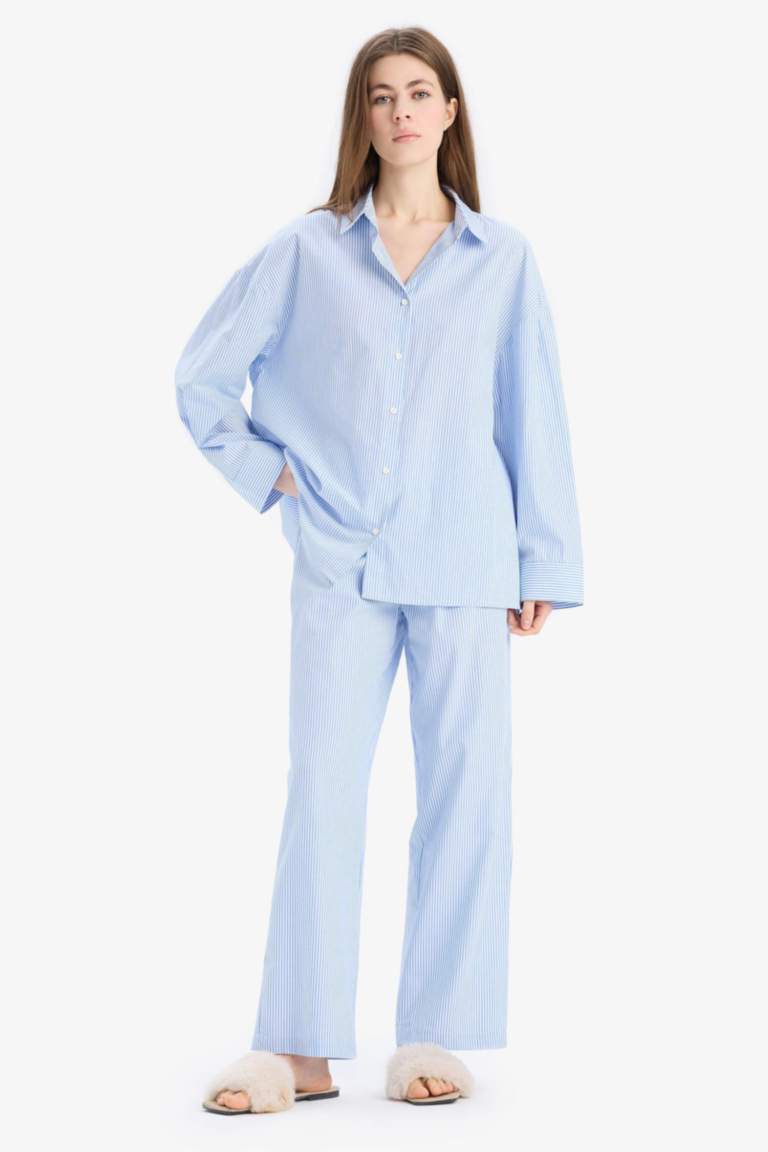 Çizgili Uzun Boy Poplin Pijama Altı-Fall in Love