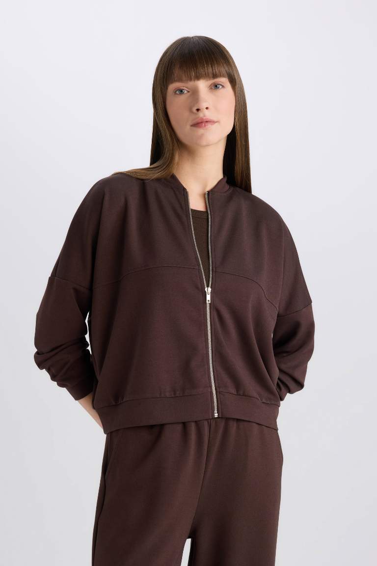 Relax Fit Mandarin Collar Basic Zippered Sweatshirt