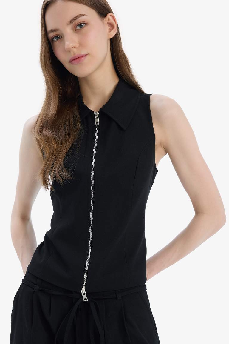 Polo Collar Zippered Sleeveless Cardigan