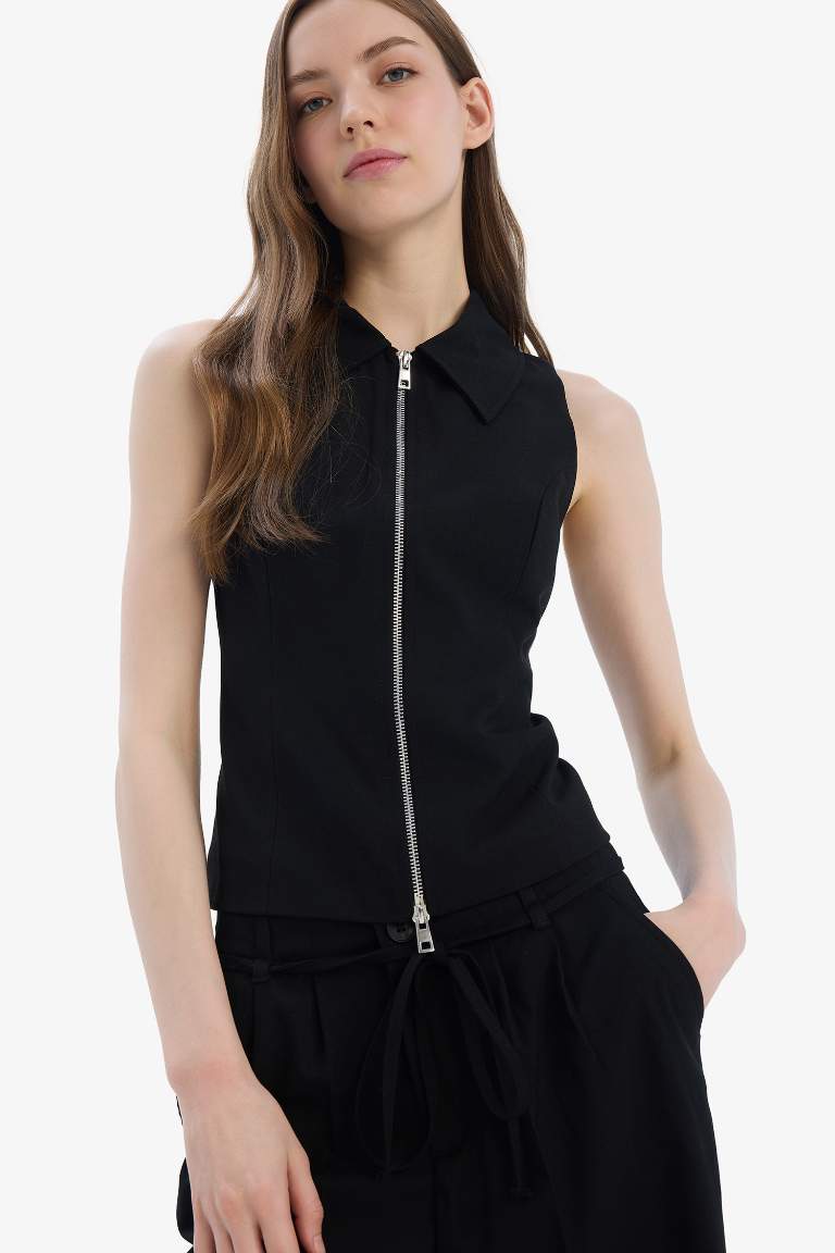 Polo Collar Zippered Sleeveless Cardigan