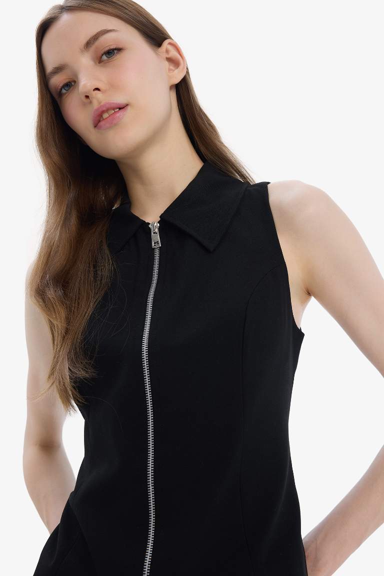 Polo Collar Zippered Sleeveless Cardigan