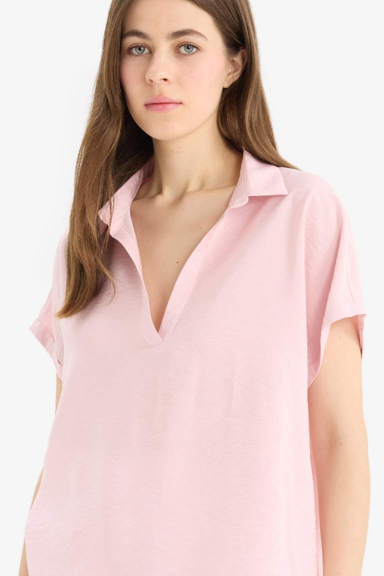 Comfort Fit Shirt Collar Short Sleeve Blouse