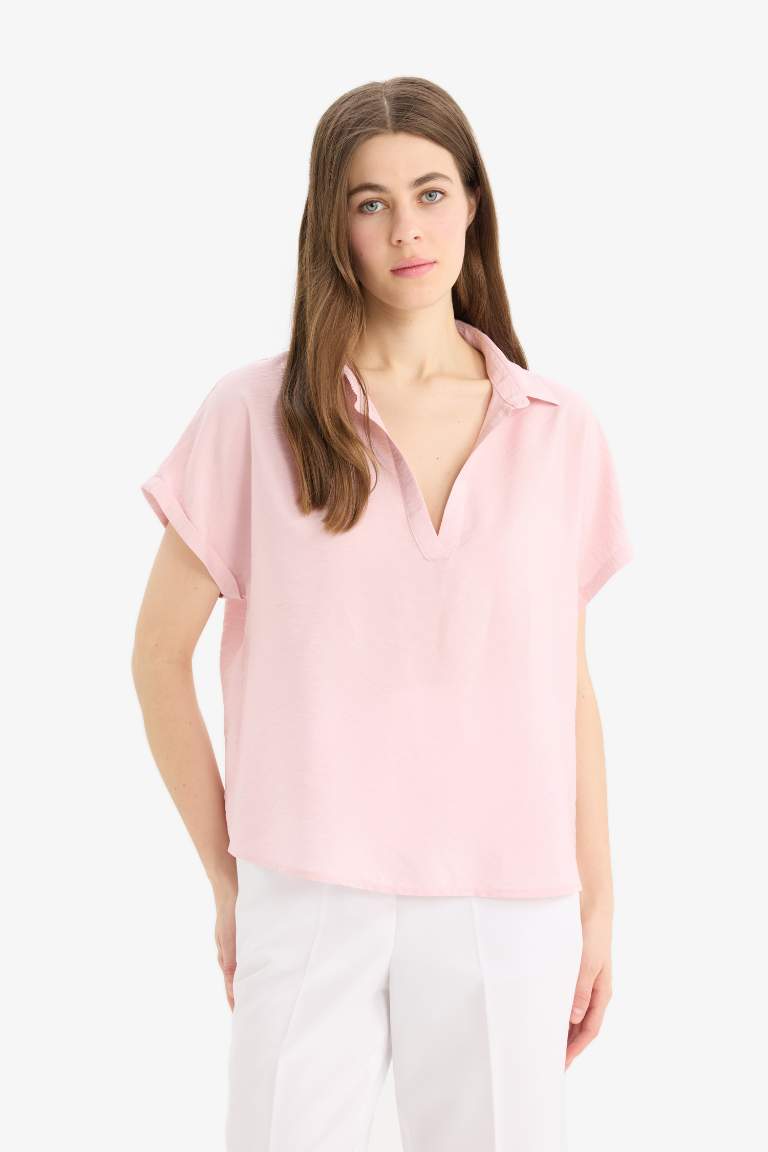 Comfort Fit Shirt Collar Short Sleeve Blouse