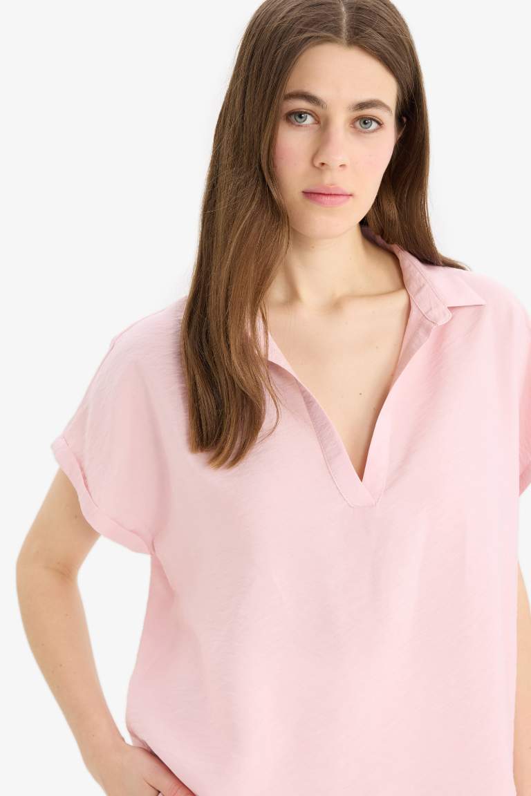 Comfort Fit Shirt Collar Short Sleeve Blouse