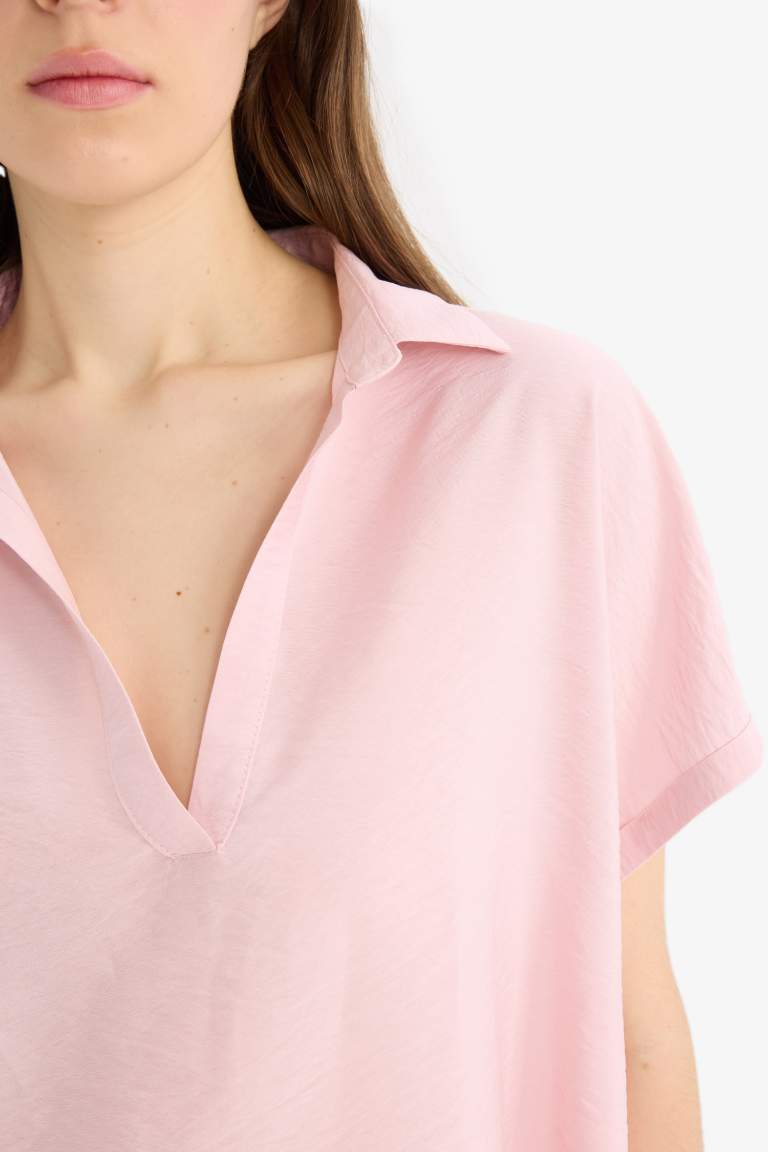 Comfort Fit Shirt Collar Short Sleeve Blouse