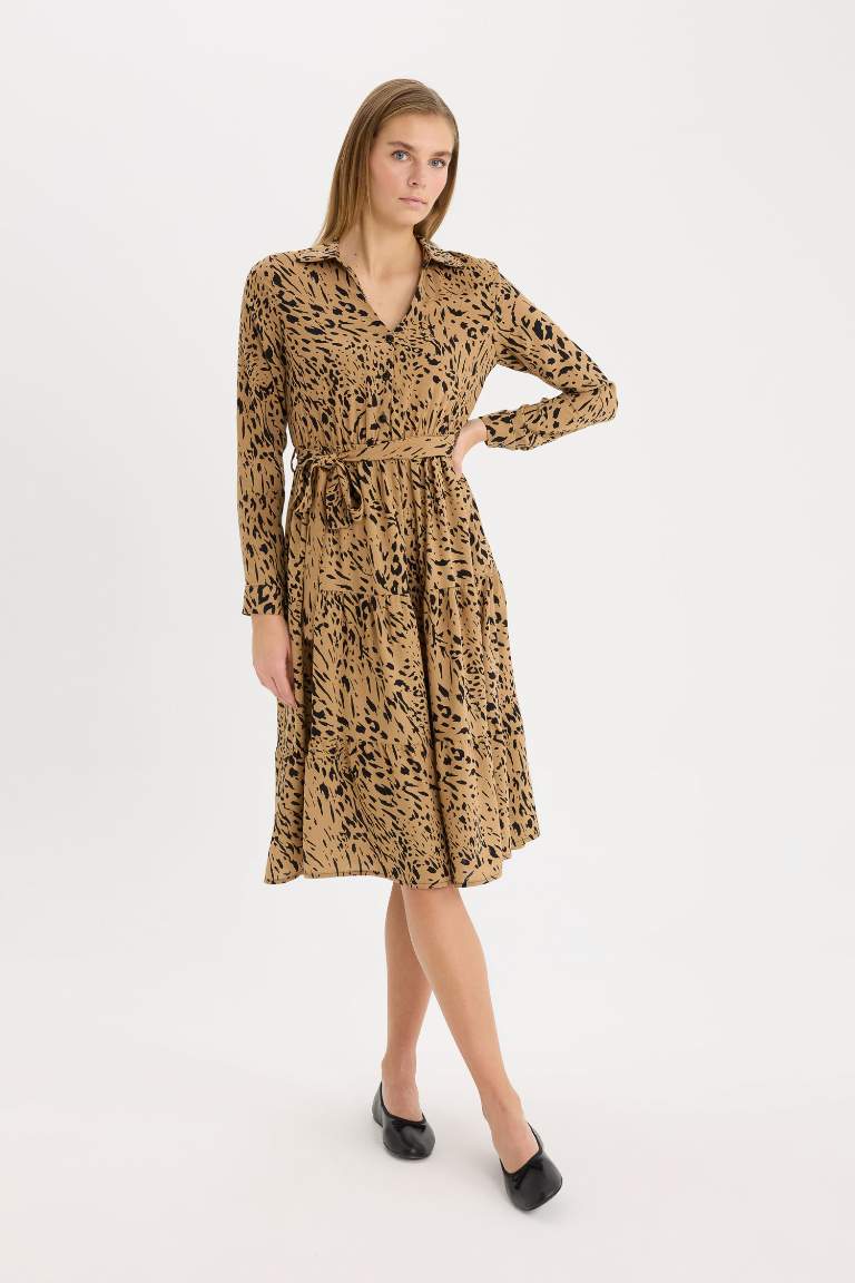 Shirt Collar Leopard Patterned Belted Midi Dress