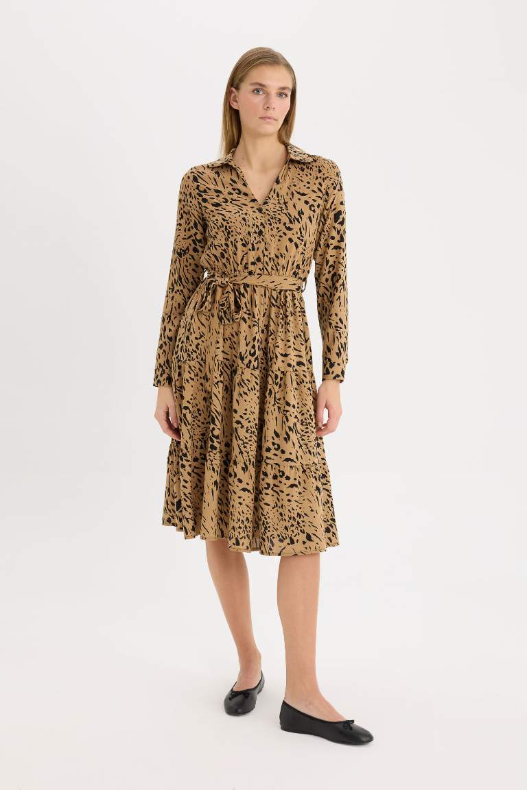 Shirt Collar Leopard Patterned Belted Midi Dress