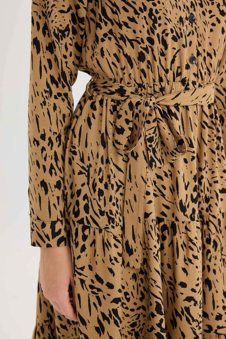 Shirt Collar Leopard Patterned Belted Midi Dress