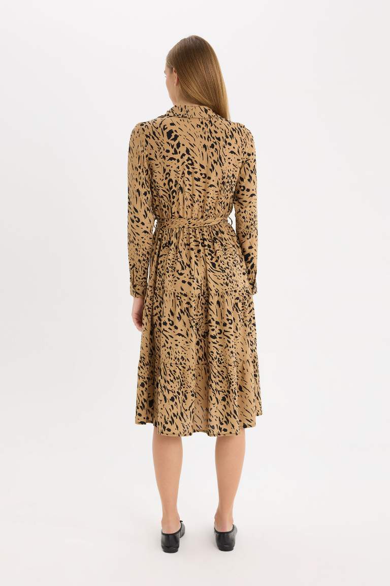 Shirt Collar Leopard Patterned Belted Midi Dress